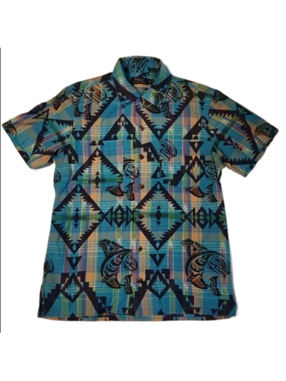 Polo Ralph Lauren Short Sleeve Blue Yellow Button Down Aztec Shirt (M Size S)